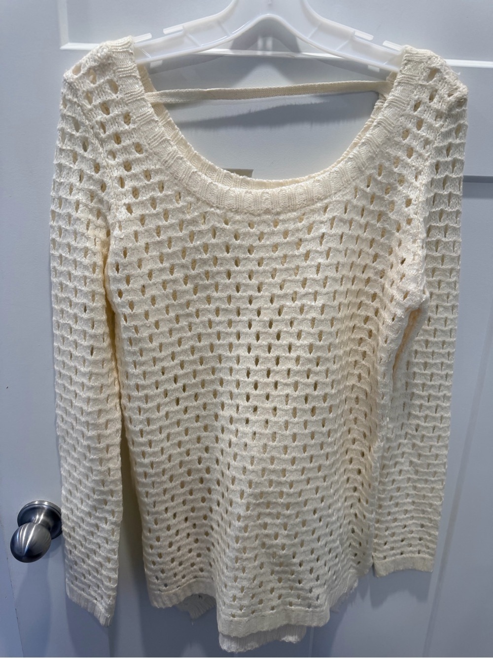 GB Large Ivory Open Knit Crochet Sweater Boho Beach Cover Up Pullover